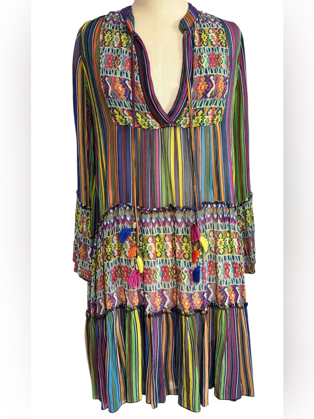 MISS JUNE PARIS BOHO STRIPED SHEER TRIBAL PRINT DRESS SEQUINS WITH TASSELS
